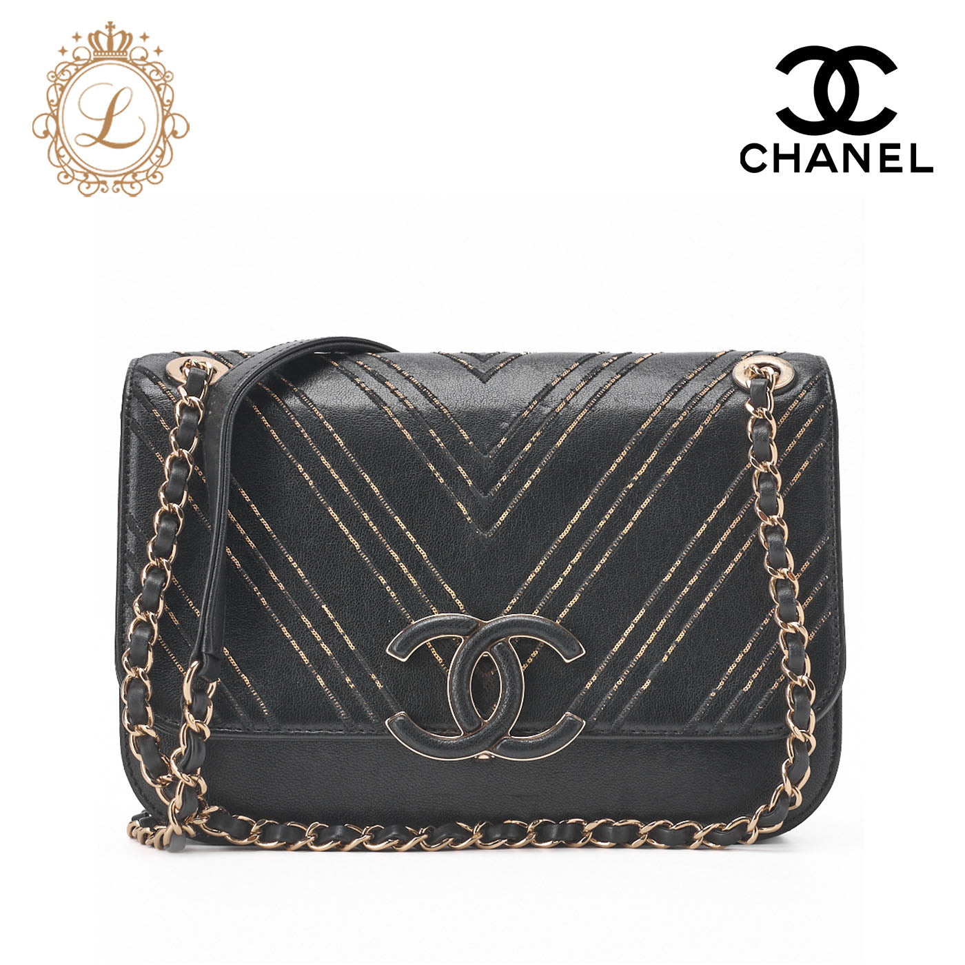 Chanel Shoulder Bag, V Stitch, Chain Shoulder, Lambskin, Black, Gold-Tone Hardware, Pre-Owned - Vintage La Charme