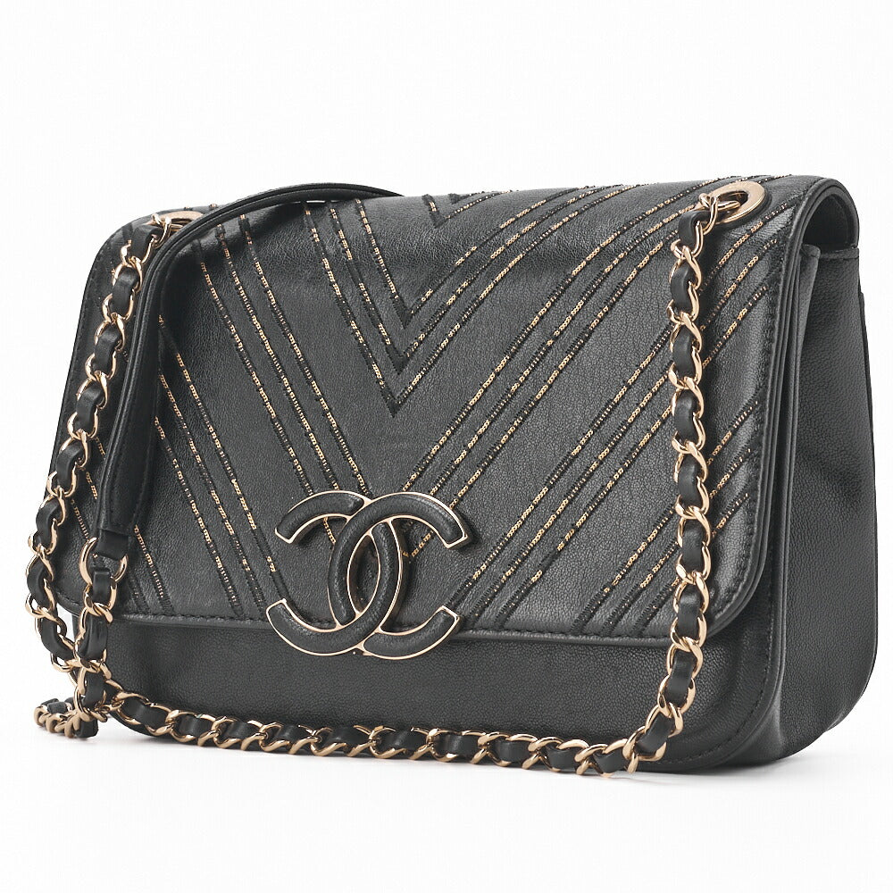 Chanel Shoulder Bag, V Stitch, Chain Shoulder, Lambskin, Black, Gold-Tone Hardware, Pre-Owned - Vintage La Charme