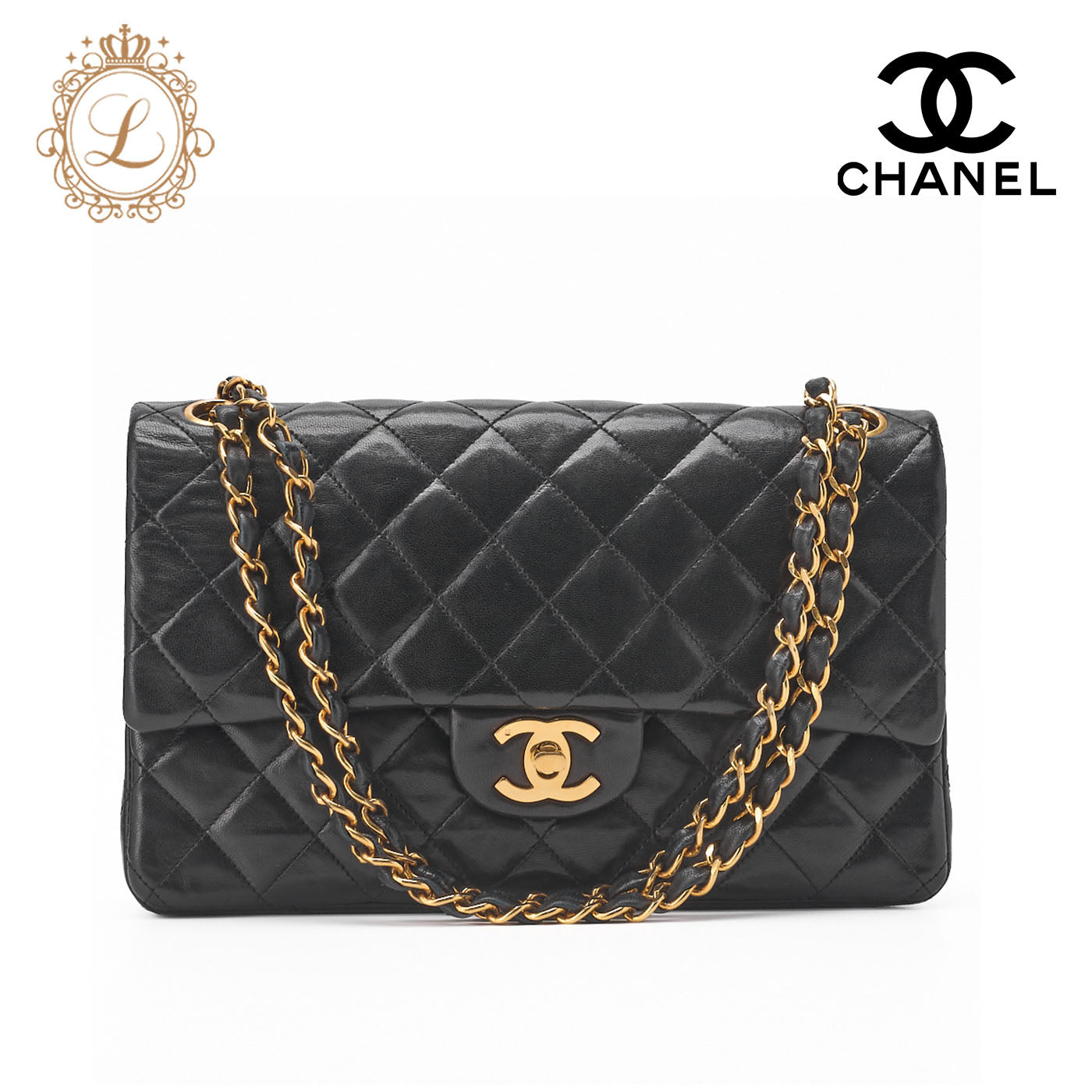 Chanel Shoulder Bag Matelasse Double Flap Lambskin Black Gold-Tone Hardware Pre-Owned - Vintage La Charme