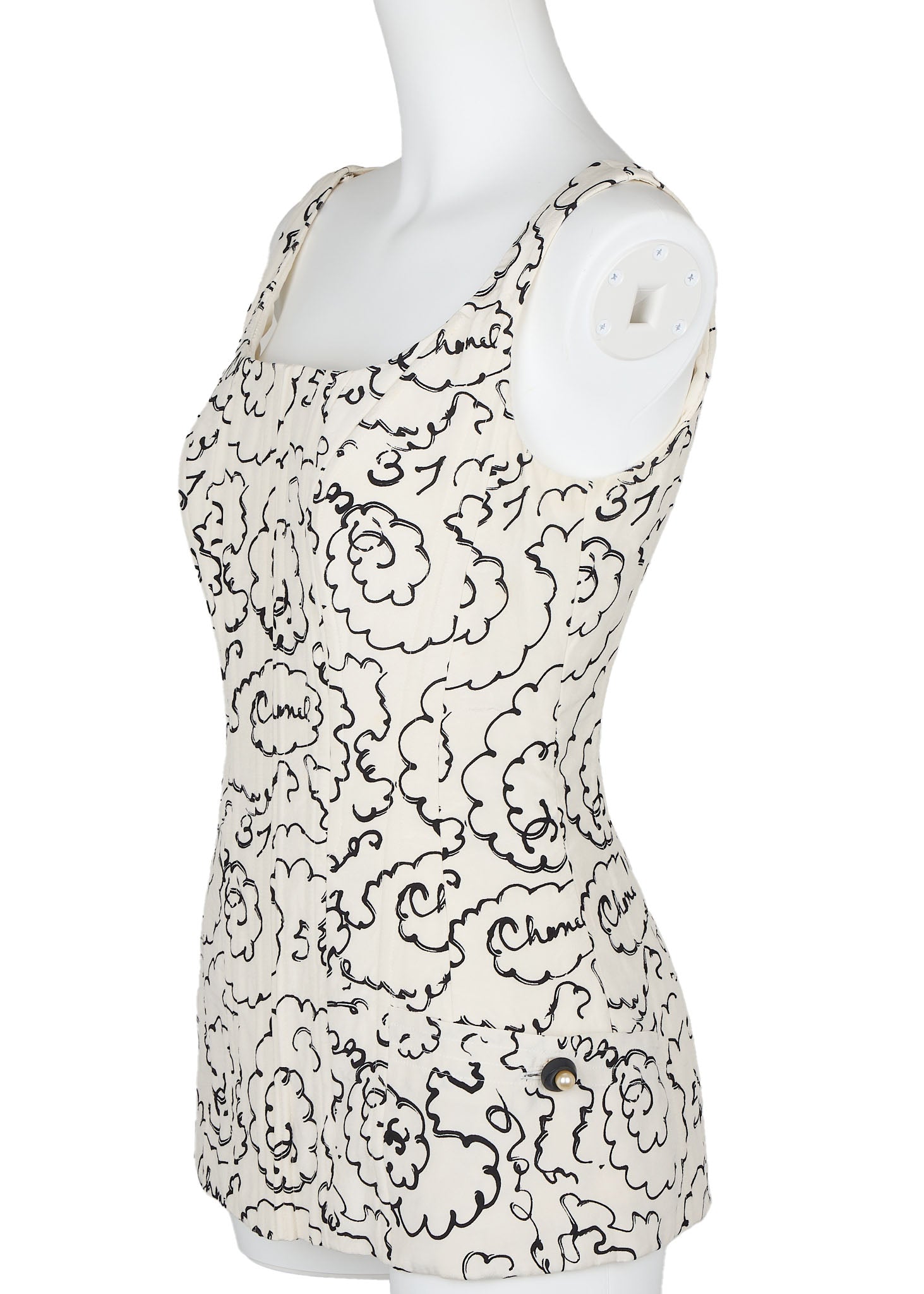 CHANEL Camisole T-Shirt Total Pattern Corset Ivory Fabric Gold-Tone Hardware Pre-Owned - Vintage La Charme