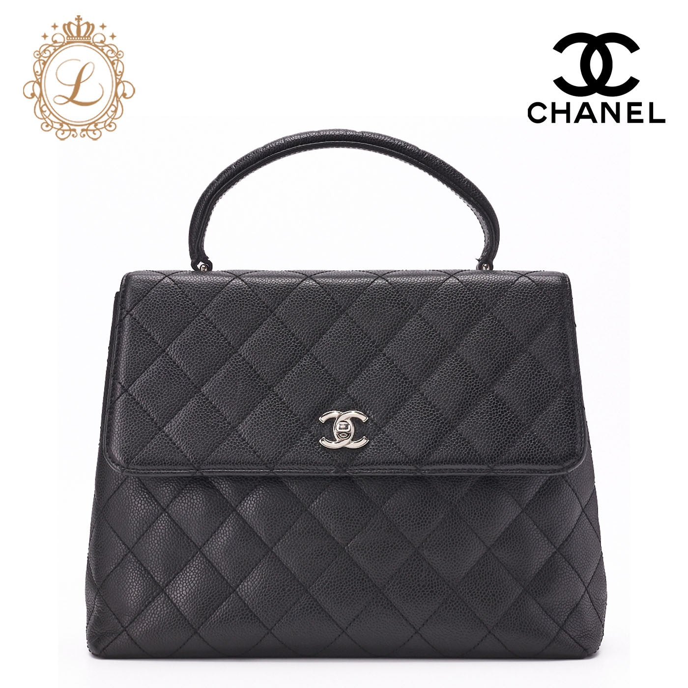 CHANEL Handbag, Matelasse, Turn Lock, Caviar Skin, Black, Silver-Tone Hardware, Pre-Owned - Vintage La Charme