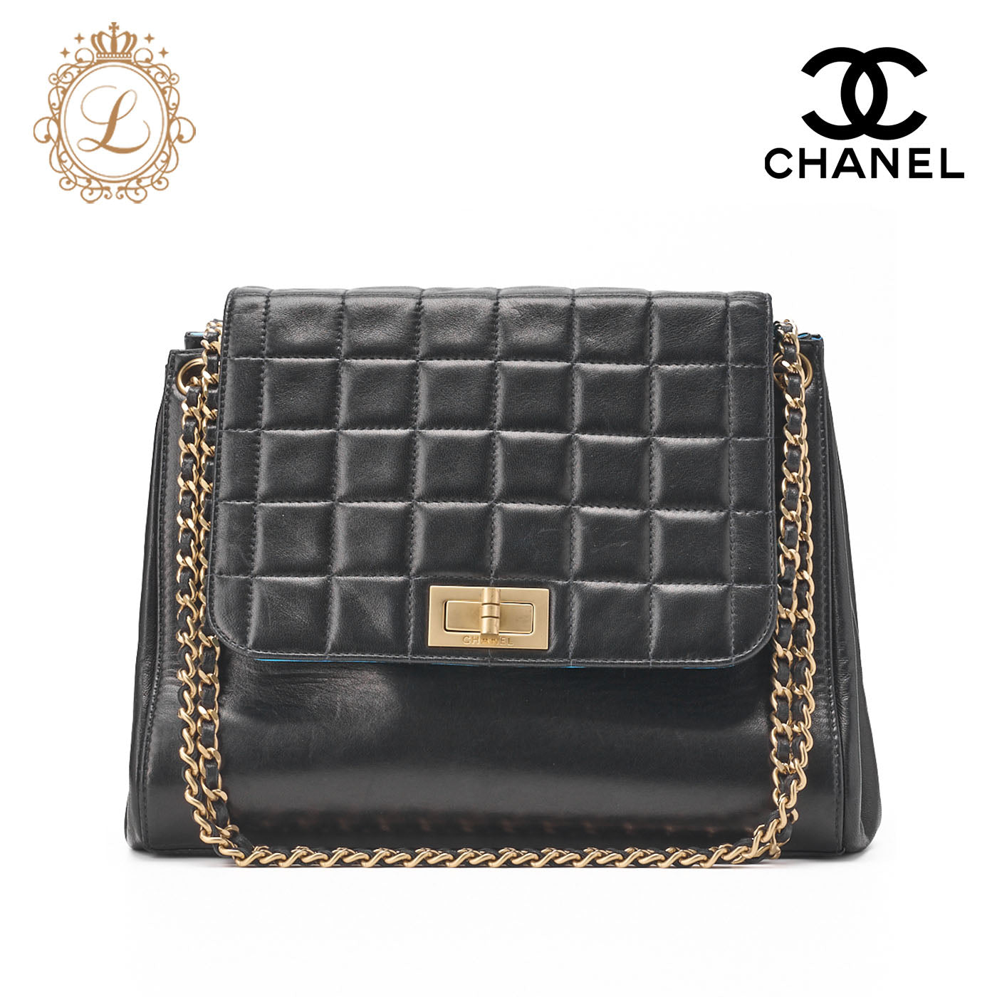 CHANEL Shoulder Bag, Chocolate Bar 2.55 Rock Chain, Lambskin, Black-Blue, Gold-Tone Hardware, Pre-Owned - Vintage La Charme
