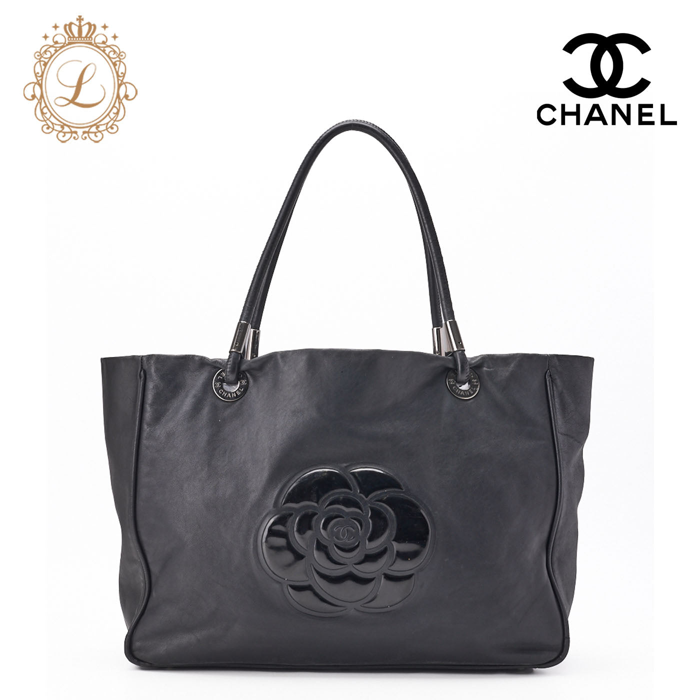 CHANEL Large Tote Bag Camellia Line Lambskin Black Silver-Tone Hardware Pre-Owned - Vintage La Charme