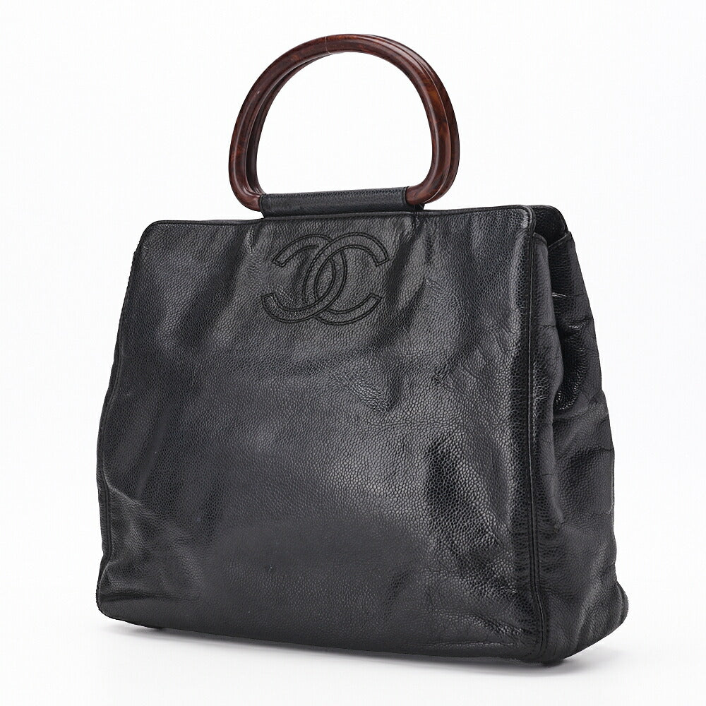 CHANEL Handbag Matelasse Coco Mark Wood Pattern Caviar Leather Black Gold-Tone Hardware Pre-Owned - Vintage La Charme