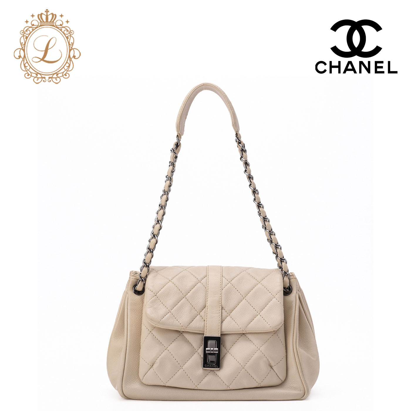 CHANEL Shoulder Bag, Matelasse, 2.55 Lock, Soft Caviar, Ivory, Silver-Tone Hardware, Pre-Owned - Vintage La Charme