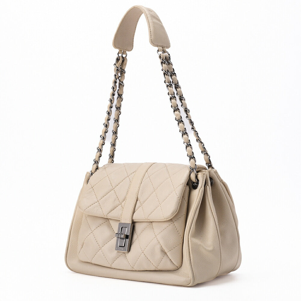 CHANEL Shoulder Bag, Matelasse, 2.55 Lock, Soft Caviar, Ivory, Silver-Tone Hardware, Pre-Owned - Vintage La Charme