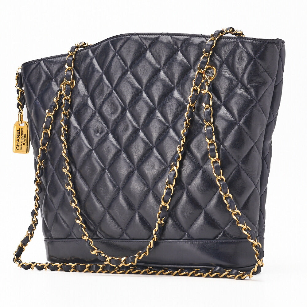 CHANEL Shoulder Tote Bag Matelasse Plate Charm Fan Shape Chain Shoulder Lambskin Navy Gold-Tone Hardware Pre-Owned - Vintage La Charme