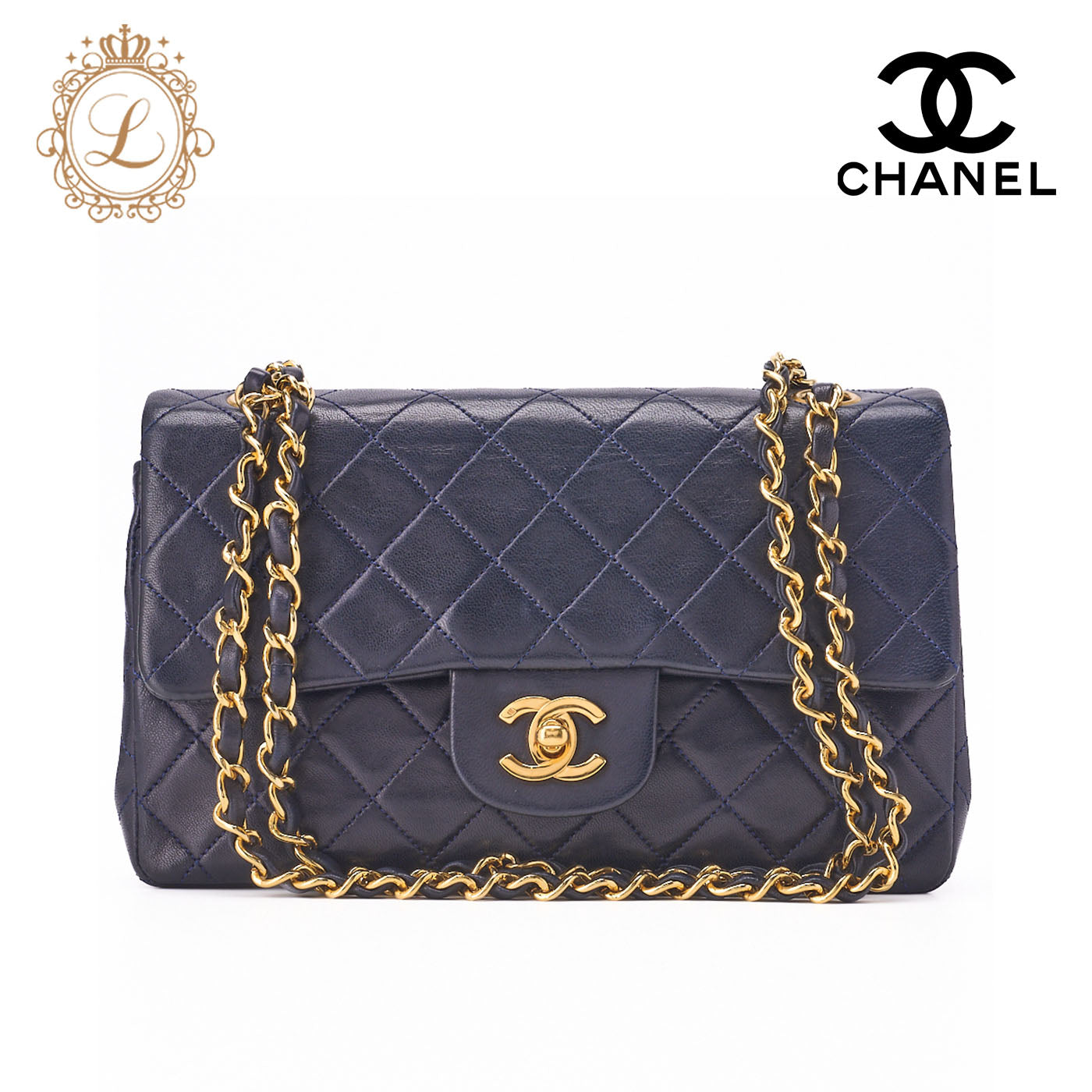 CHANEL Chain Shoulder Bag Matelasse Lambskin Navy Gold-Tone Hardware Pre-Owned - Vintage La Charme