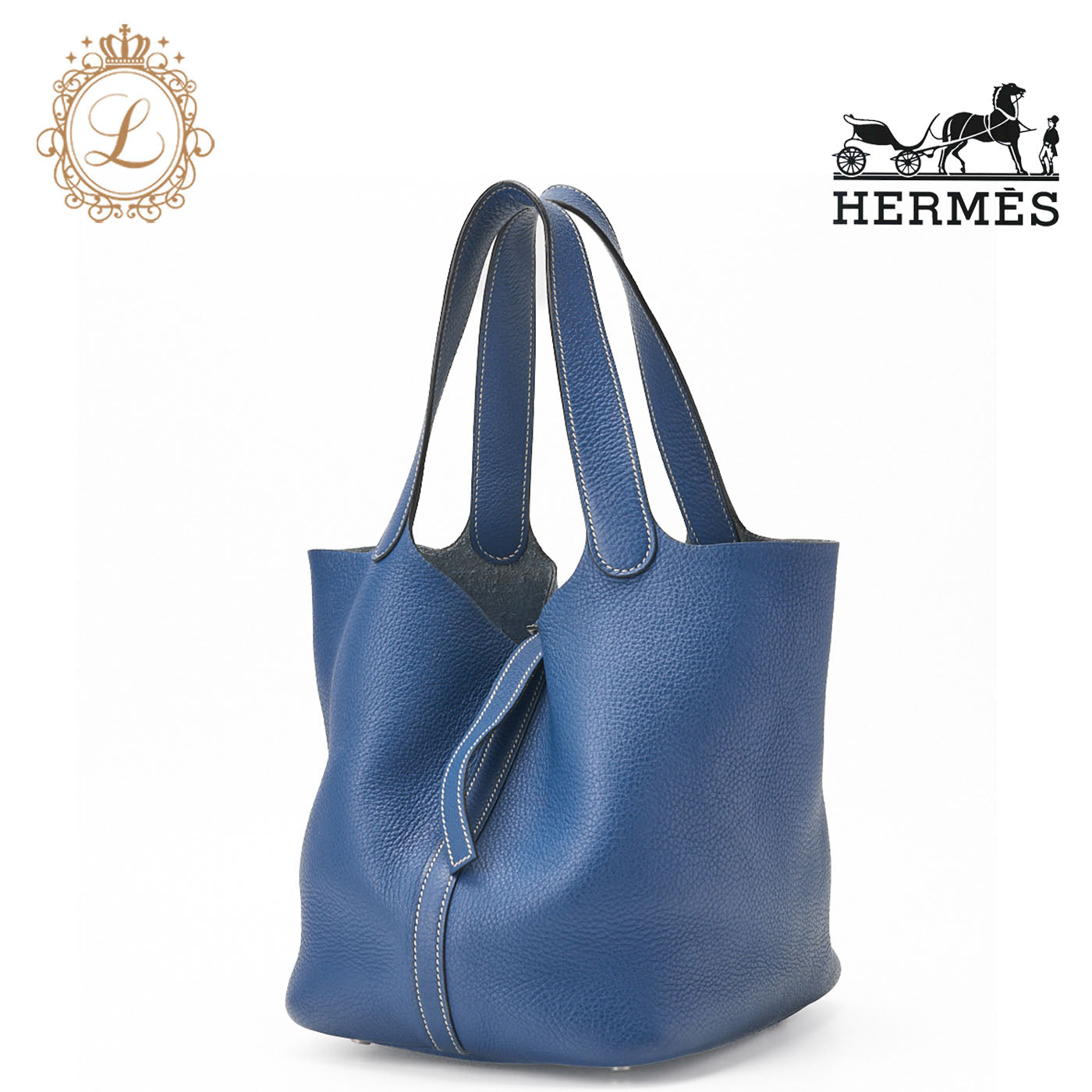 HERMES Picotan MM Handbag Tryon Clemence Blue Tempete Silver-Tone Hardware Pre-Owned - Vintage La Charme
