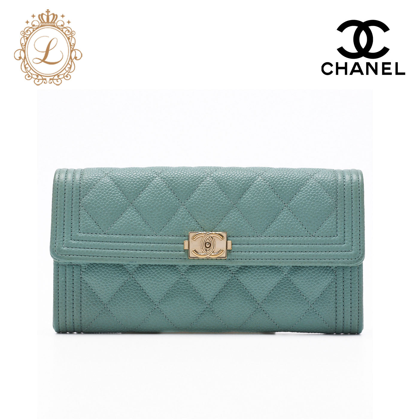 CHANEL Boy Chanel Matelasse Bi-Fold Long Wallet Caviar Skin Mint Green Gold-Tone Hardware Pre-Owned - Vintage La Charme