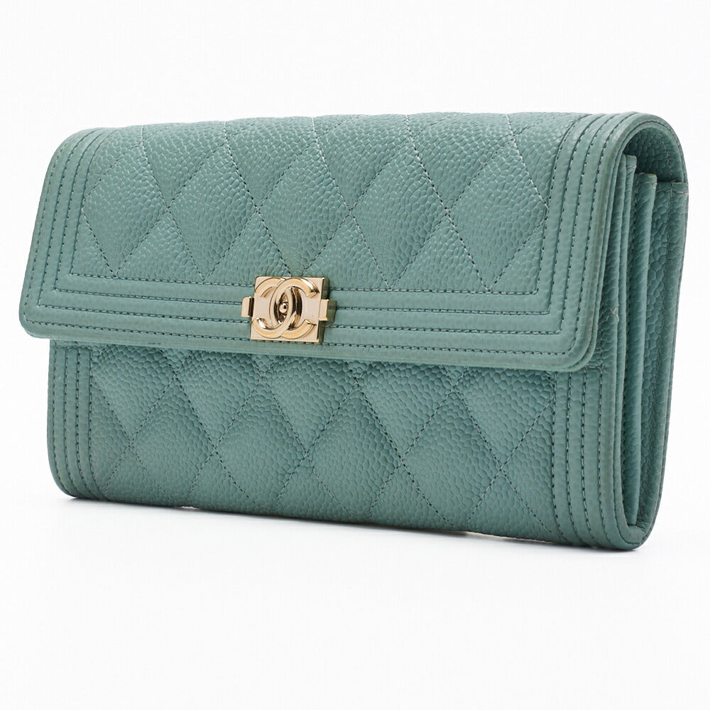 CHANEL Boy Chanel Matelasse Bi-Fold Long Wallet Caviar Skin Mint Green Gold-Tone Hardware Pre-Owned - Vintage La Charme