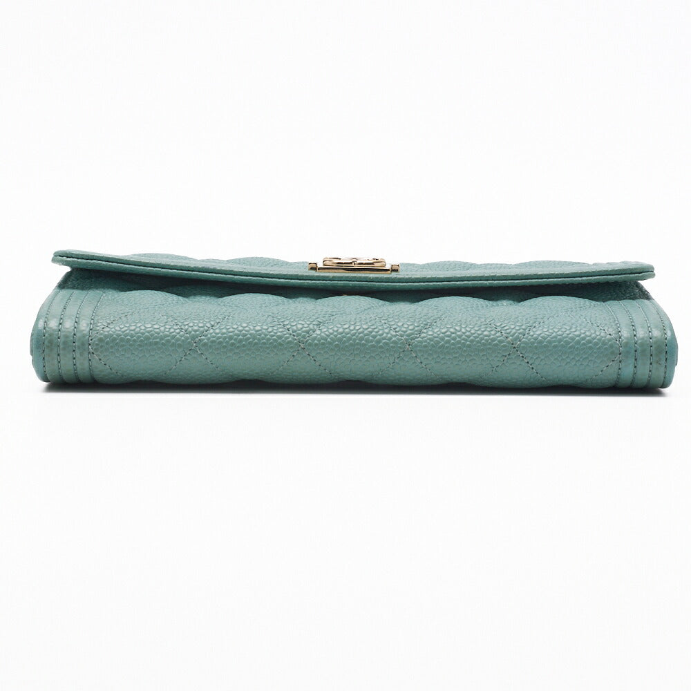 CHANEL Boy Chanel Matelasse Bi-Fold Long Wallet Caviar Skin Mint Green Gold-Tone Hardware Pre-Owned - Vintage La Charme