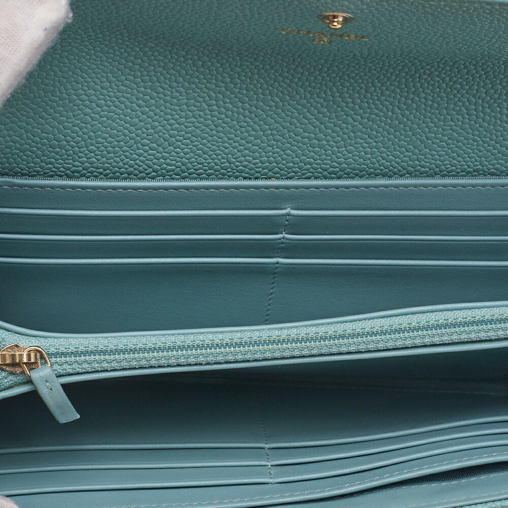 CHANEL Boy Chanel Matelasse Bi-Fold Long Wallet Caviar Skin Mint Green Gold-Tone Hardware Pre-Owned - Vintage La Charme