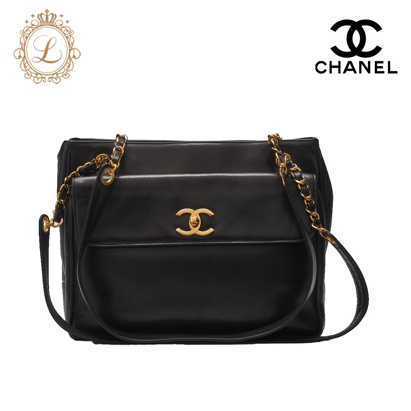 Chanel Shoulder Bag, Outside Flap, Double Chain Shoulder, Lambskin, Black, Gold-Tone Hardware, Pre-Owned - Vintage La Charme