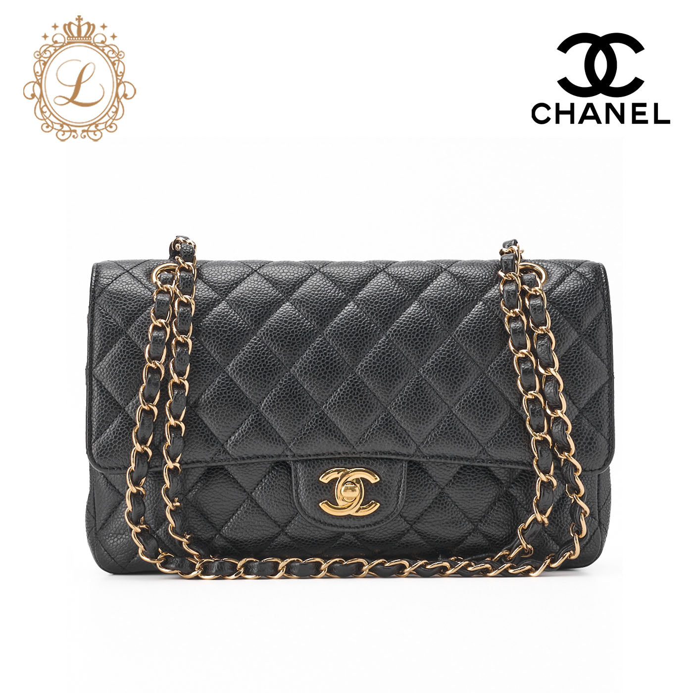CHANEL Shoulder Bag, Matelasse Turn Lock Double Flap 25, Caviar Skin, Black, Gold-Tone Hardware, Pre-Owned - Vintage La Charme