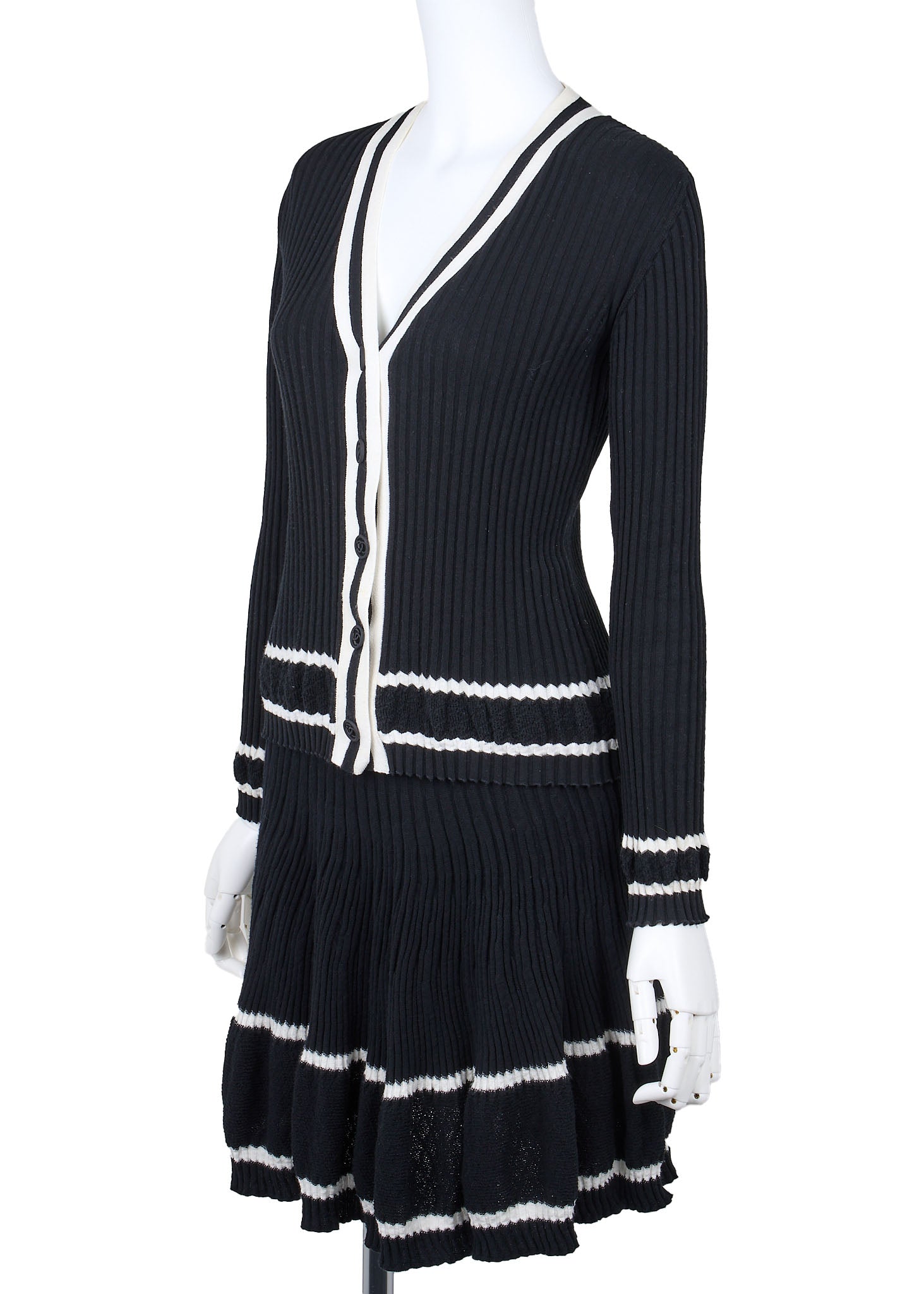 CHANEL Cardigan Skirt Set, Coco Button, Knit, Cotton, Black, Gold-Tone Hardware, Pre-Owned - Vintage La Charme