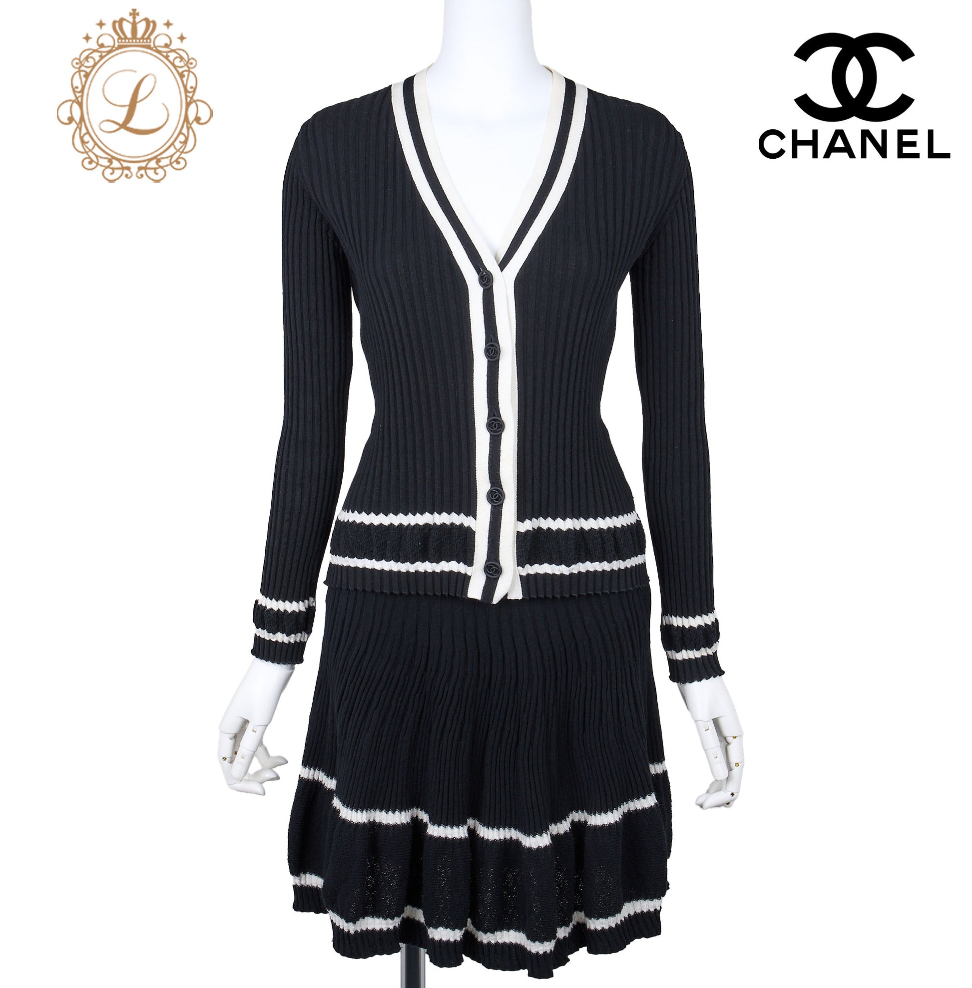 CHANEL Cardigan Skirt Set, Coco Button, Knit, Cotton, Black, Gold-Tone Hardware, Pre-Owned - Vintage La Charme