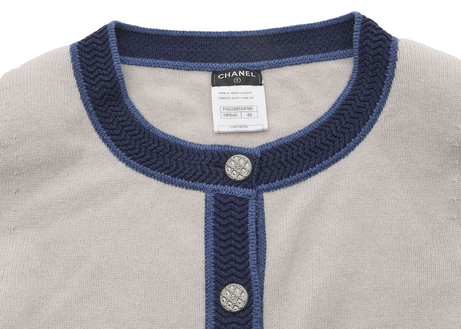 CHANEL Cardigan, Coco Button, Cashmere, Grey, Silver-Tone Hardware, Pre-Owned - Vintage La Charme
