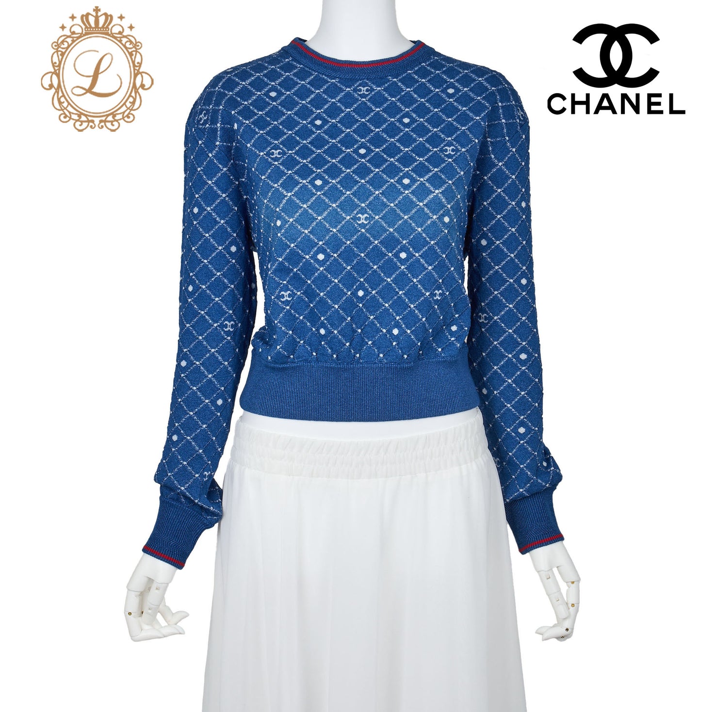 CHANEL Knit Sweater, Coco Mark, Matelasse, Cotton Blend, Blue, Pre-Owned - Vintage La Charme