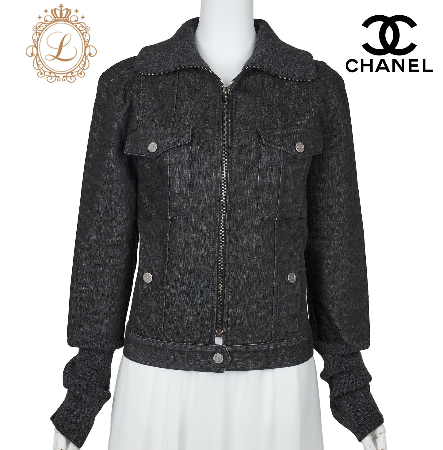 CHANEL Denim Jacket, Coco Button, Long Sleeve, Cotton Blend, Black, Gold-Tone Hardware, Pre-Owned - Vintage La Charme