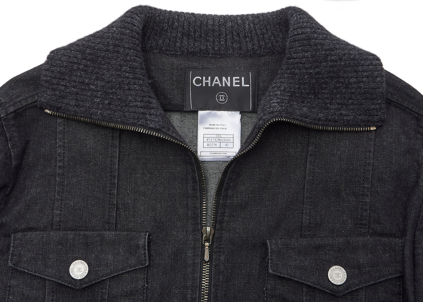 CHANEL Denim Jacket, Coco Button, Long Sleeve, Cotton Blend, Black, Gold-Tone Hardware, Pre-Owned - Vintage La Charme
