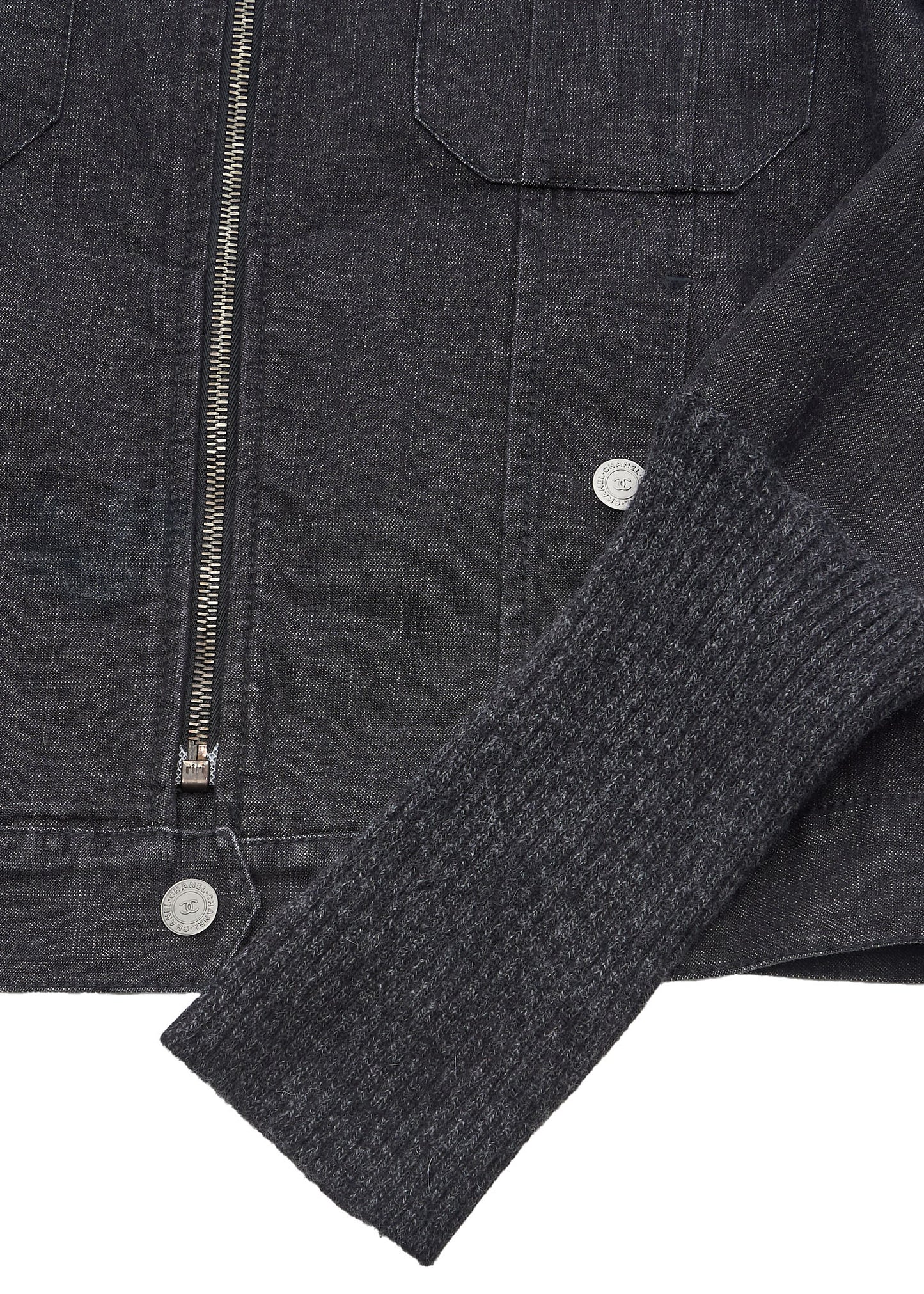 CHANEL Denim Jacket, Coco Button, Long Sleeve, Cotton Blend, Black, Gold-Tone Hardware, Pre-Owned - Vintage La Charme