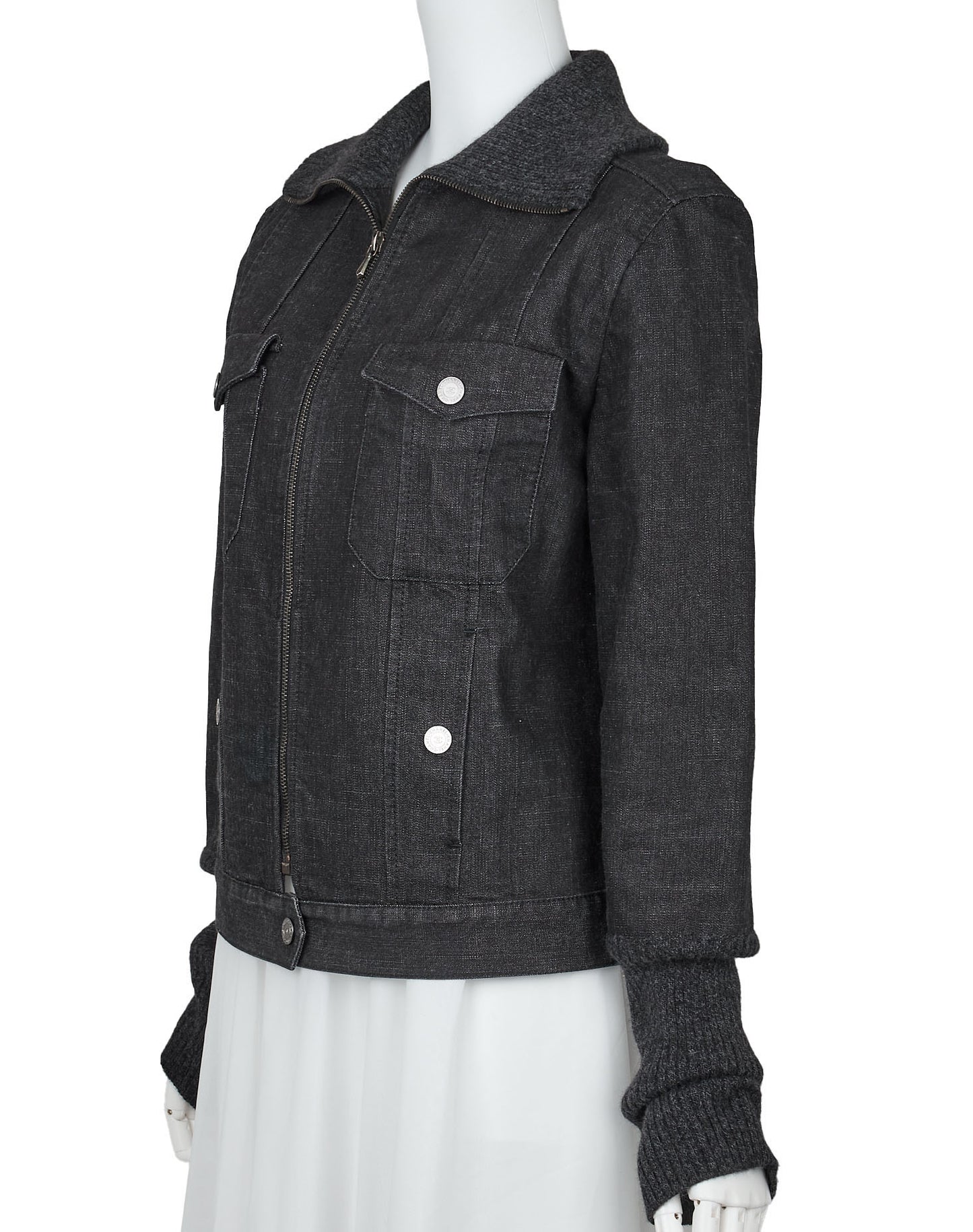 CHANEL Denim Jacket, Coco Button, Long Sleeve, Cotton Blend, Black, Gold-Tone Hardware, Pre-Owned - Vintage La Charme