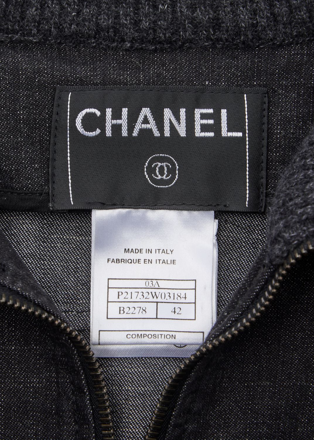 CHANEL Denim Jacket, Coco Button, Long Sleeve, Cotton Blend, Black, Gold-Tone Hardware, Pre-Owned - Vintage La Charme