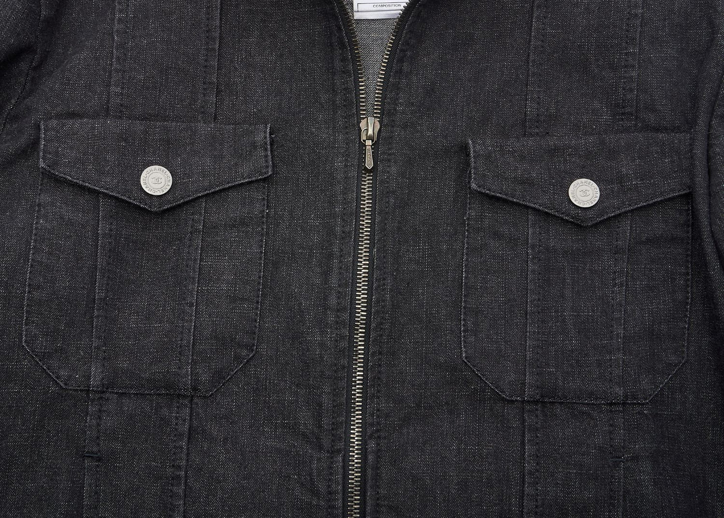 CHANEL Denim Jacket, Coco Button, Long Sleeve, Cotton Blend, Black, Gold-Tone Hardware, Pre-Owned - Vintage La Charme