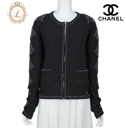 CHANEL Cardigan, Coco Charm Zip, Knit, Black, Silver-Tone Hardware, Pre-Owned - Vintage La Charme