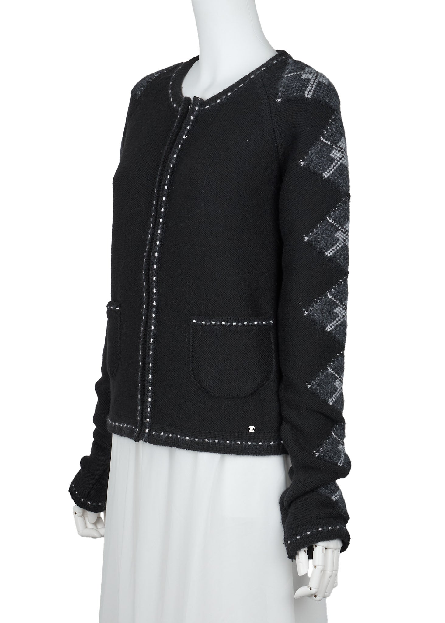 CHANEL Cardigan, Coco Charm Zip, Knit, Black, Silver-Tone Hardware, Pre-Owned - Vintage La Charme