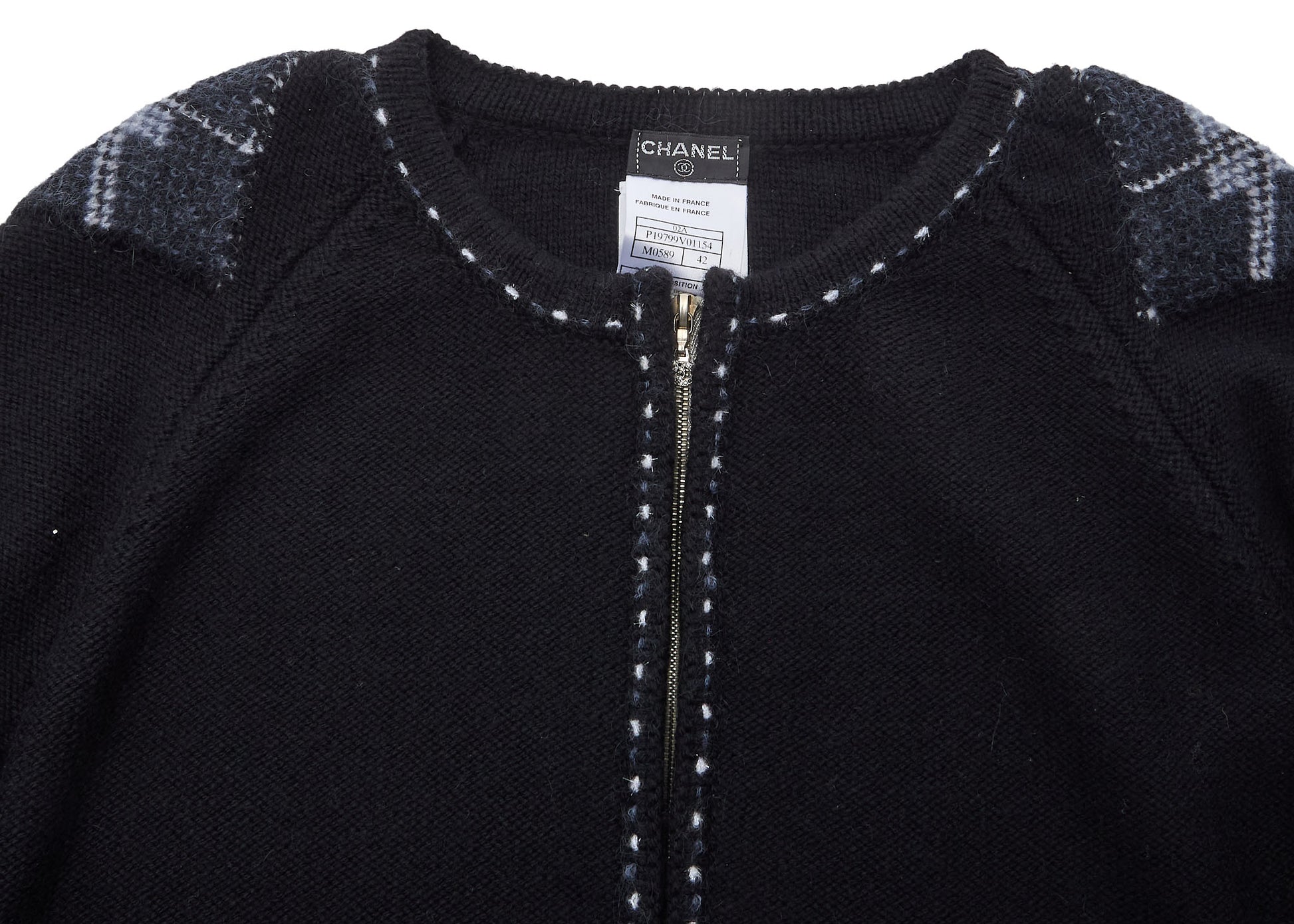 CHANEL Cardigan, Coco Charm Zip, Knit, Black, Silver-Tone Hardware, Pre-Owned - Vintage La Charme