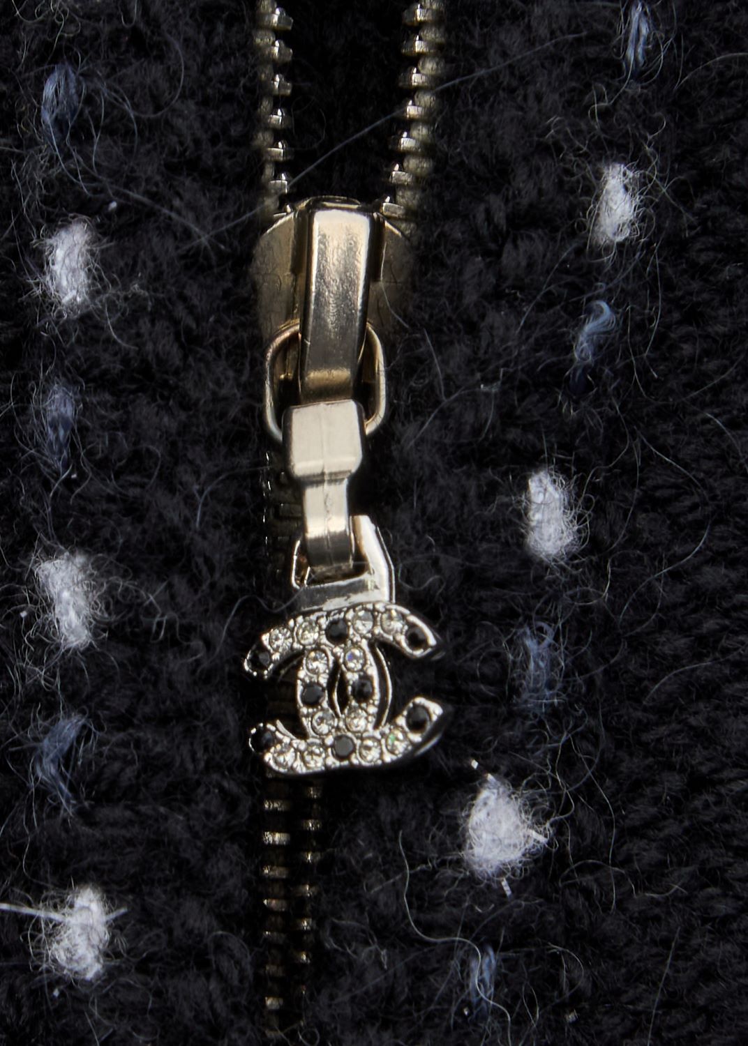 CHANEL Cardigan, Coco Charm Zip, Knit, Black, Silver-Tone Hardware, Pre-Owned - Vintage La Charme