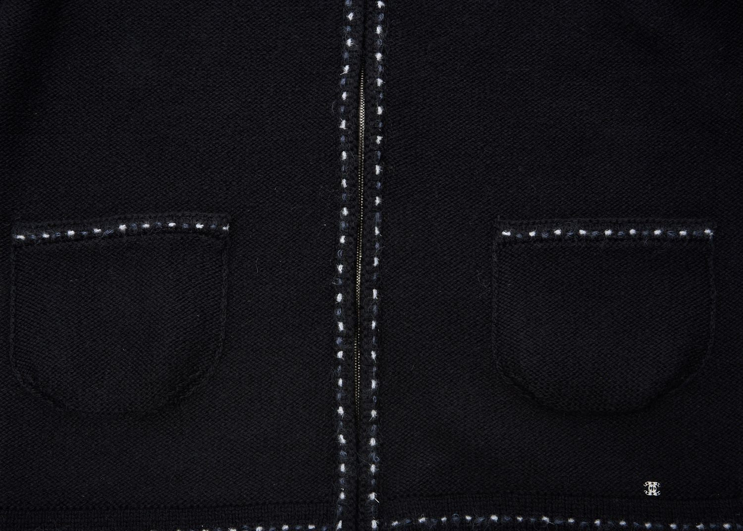 CHANEL Cardigan, Coco Charm Zip, Knit, Black, Silver-Tone Hardware, Pre-Owned - Vintage La Charme