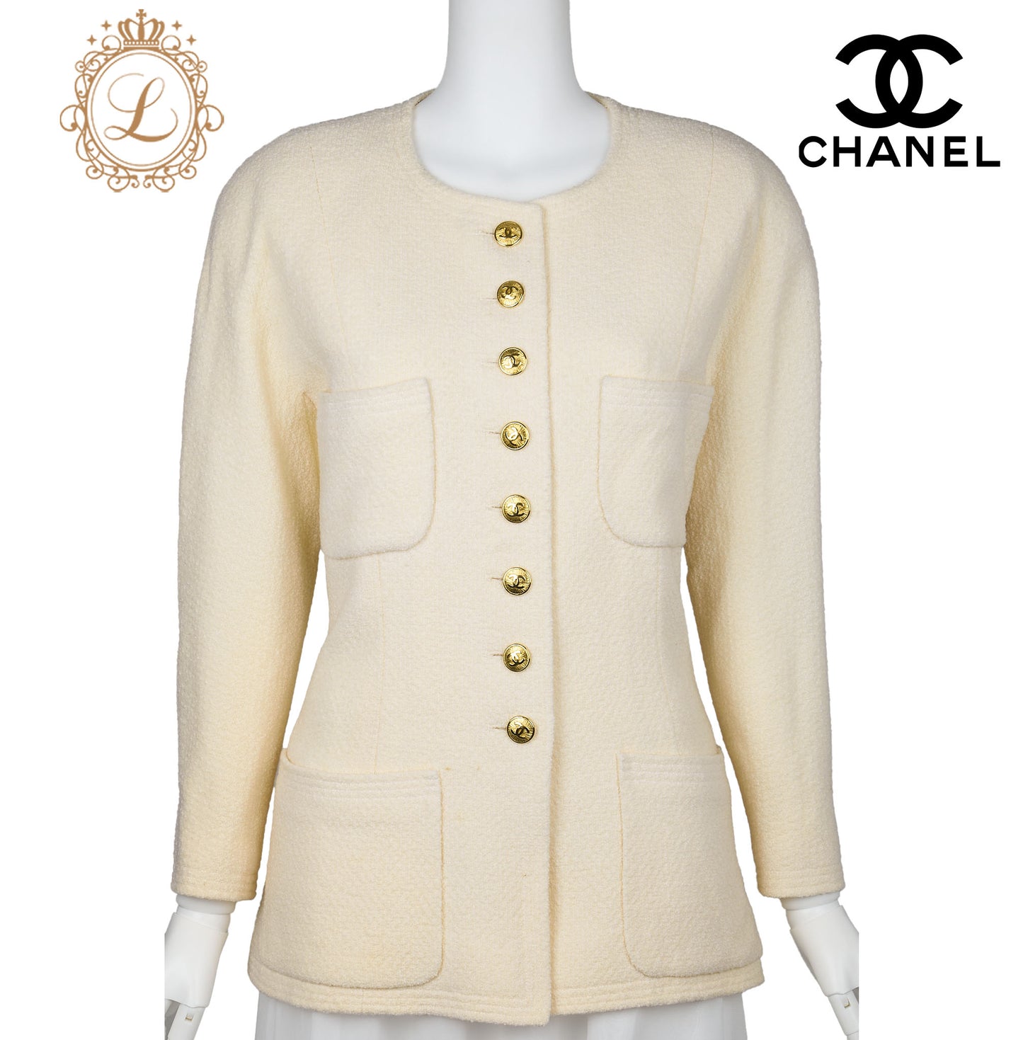 CHANEL Collarless Jacket, Long Sleeve, Wool, Ivory, Gold-Tone Hardware, Pre-Owned - Vintage La Charme