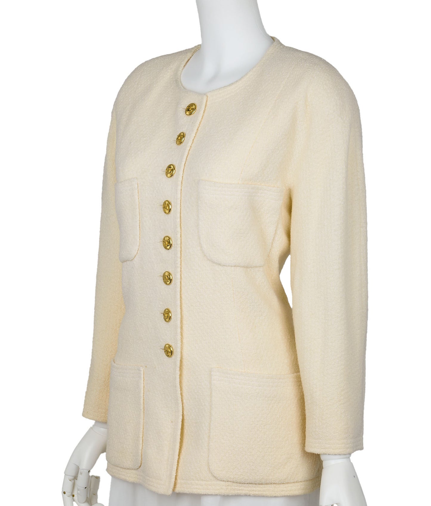 CHANEL Collarless Jacket, Long Sleeve, Wool, Ivory, Gold-Tone Hardware, Pre-Owned - Vintage La Charme
