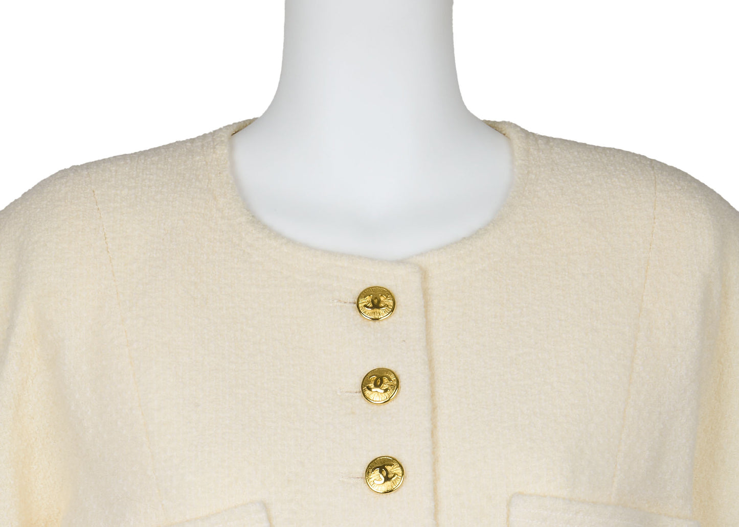 CHANEL Collarless Jacket, Long Sleeve, Wool, Ivory, Gold-Tone Hardware, Pre-Owned - Vintage La Charme