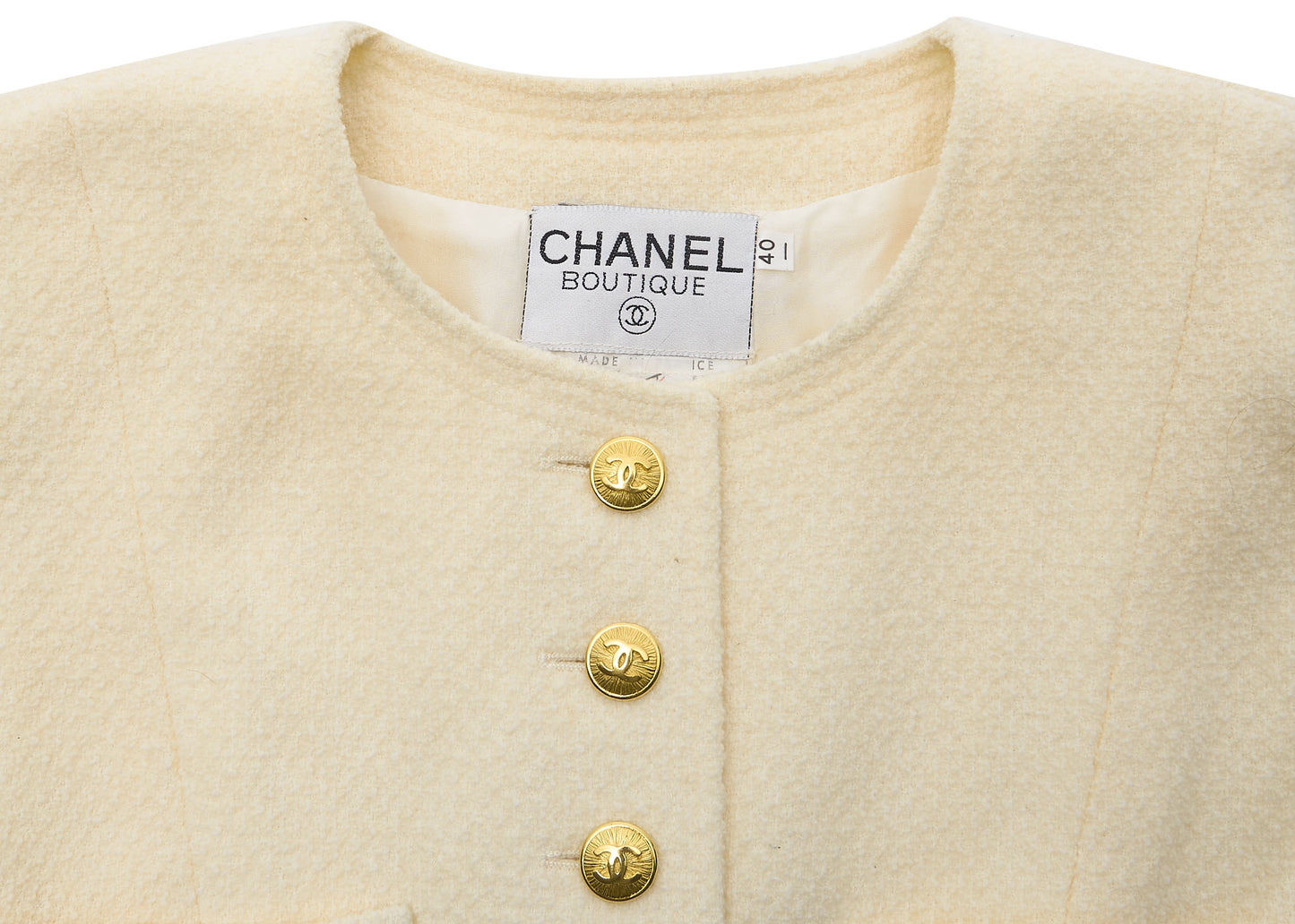 CHANEL Collarless Jacket, Long Sleeve, Wool, Ivory, Gold-Tone Hardware, Pre-Owned - Vintage La Charme