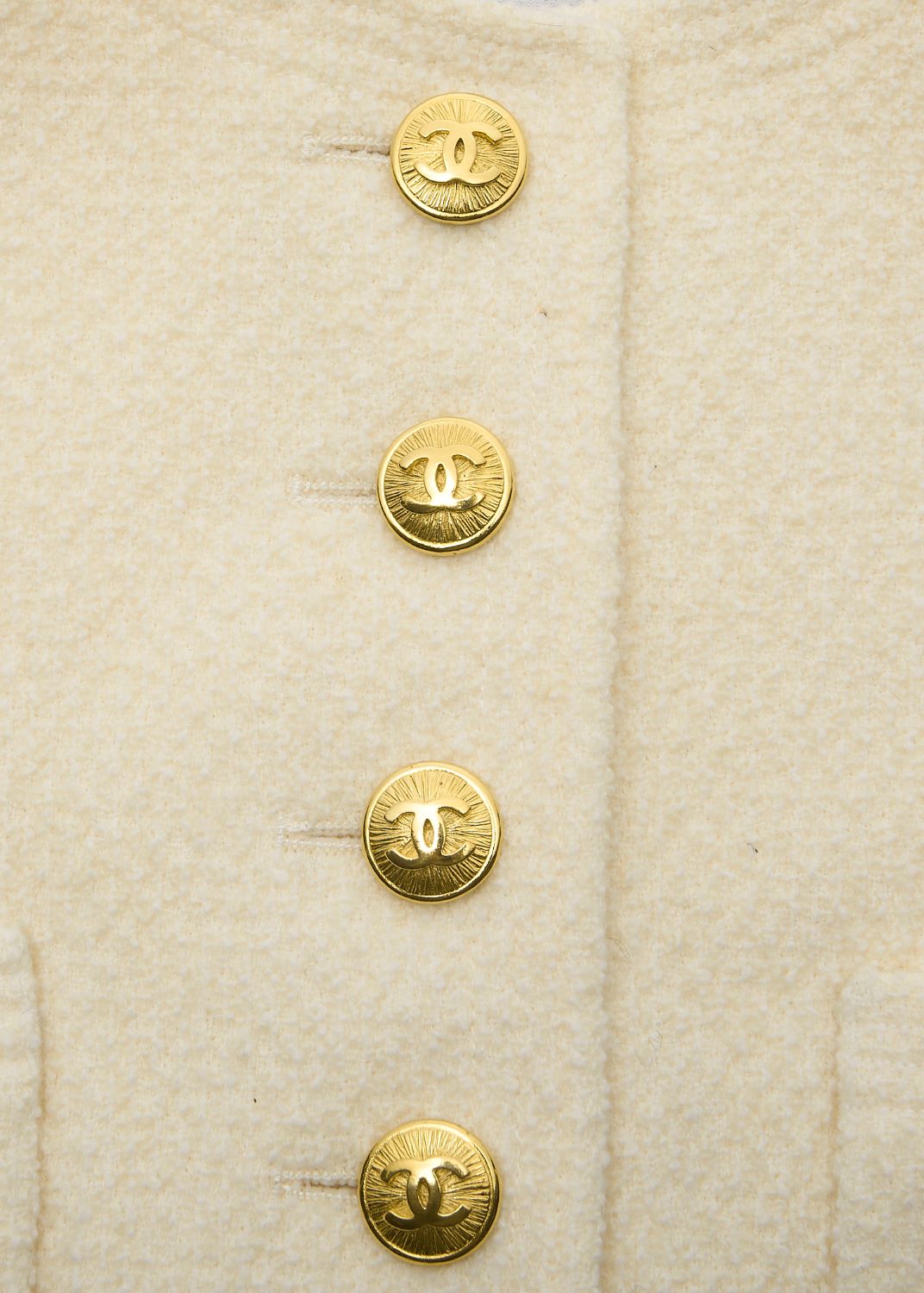CHANEL Collarless Jacket, Long Sleeve, Wool, Ivory, Gold-Tone Hardware, Pre-Owned - Vintage La Charme