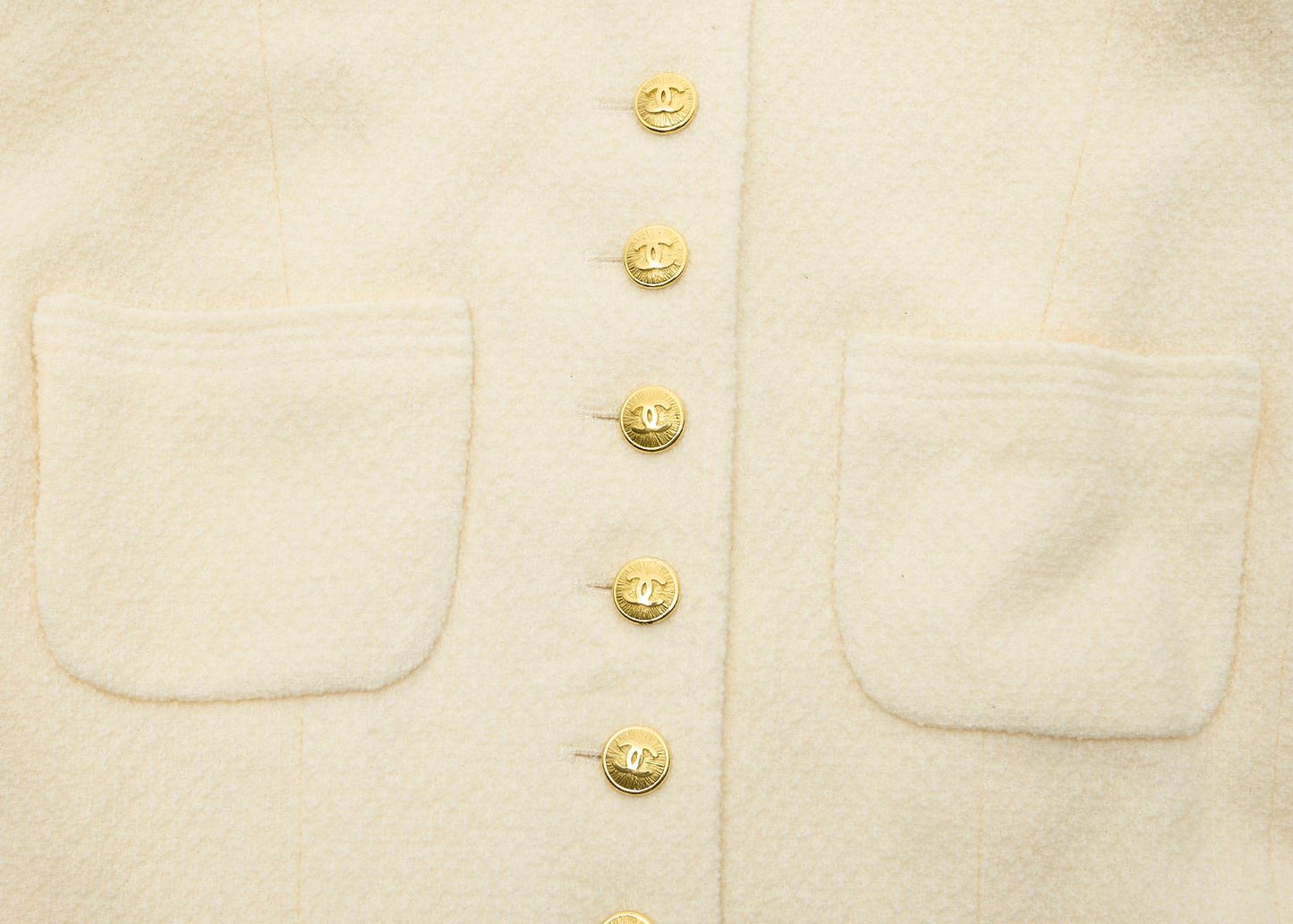 CHANEL Collarless Jacket, Long Sleeve, Wool, Ivory, Gold-Tone Hardware, Pre-Owned - Vintage La Charme