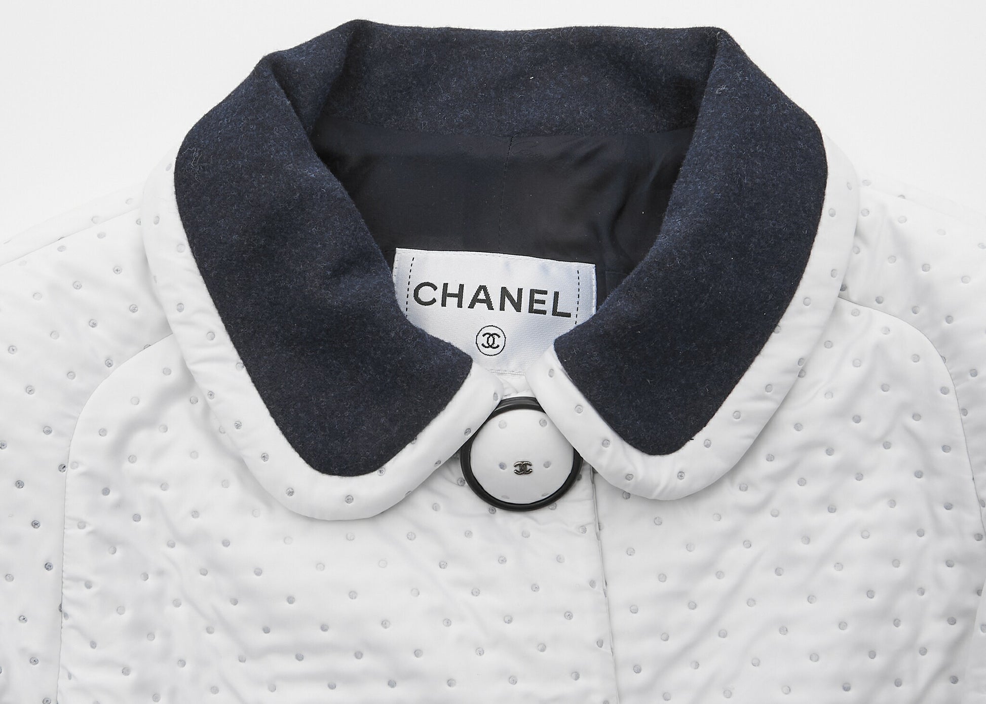CHANEL Blouson Jacket, Coco Mark Dot, Long Sleeve, Polyester, White, Gold-Tone Hardware, Pre-Owned - Vintage La Charme