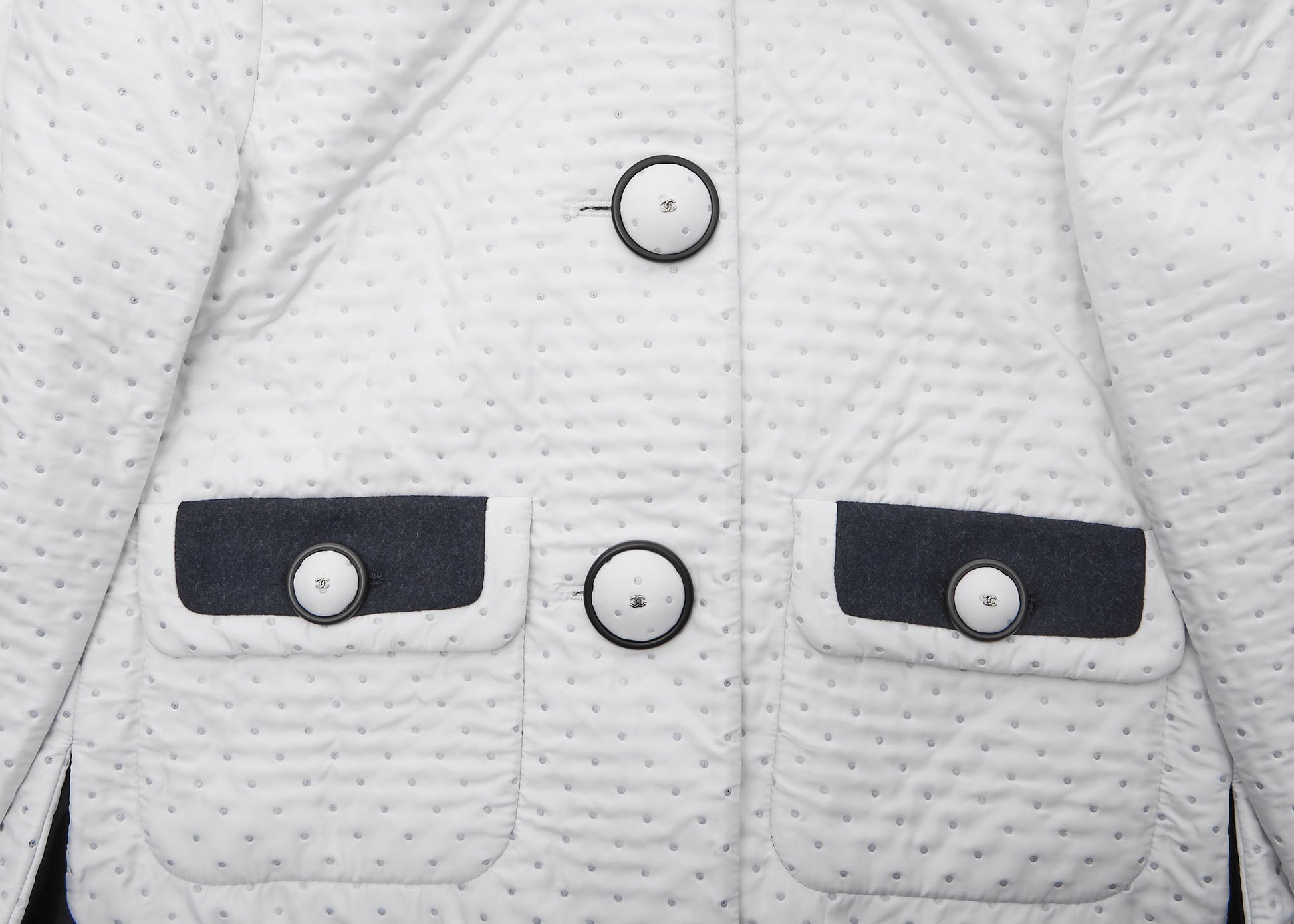 CHANEL Blouson Jacket, Coco Mark Dot, Long Sleeve, Polyester, White, Gold-Tone Hardware, Pre-Owned - Vintage La Charme