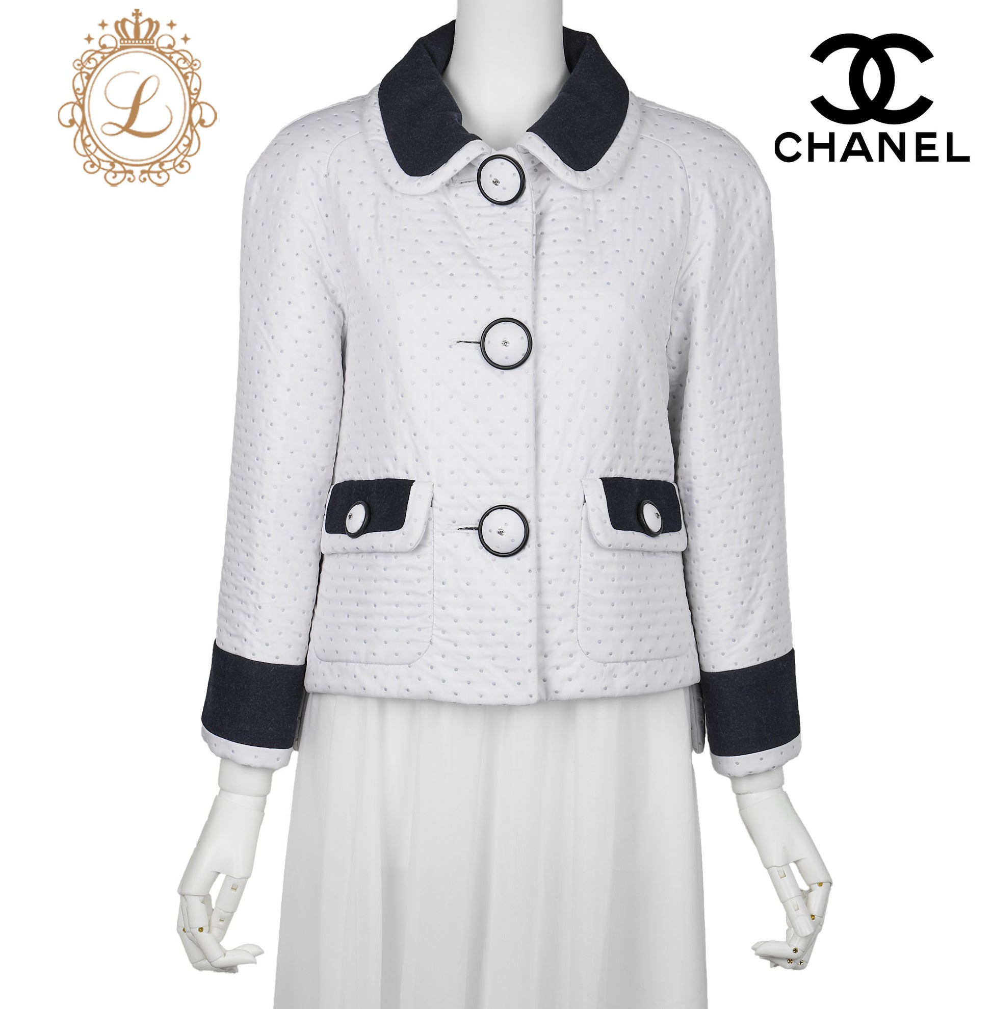 CHANEL Blouson Jacket, Coco Mark Dot, Long Sleeve, Polyester, White, Gold-Tone Hardware, Pre-Owned - Vintage La Charme