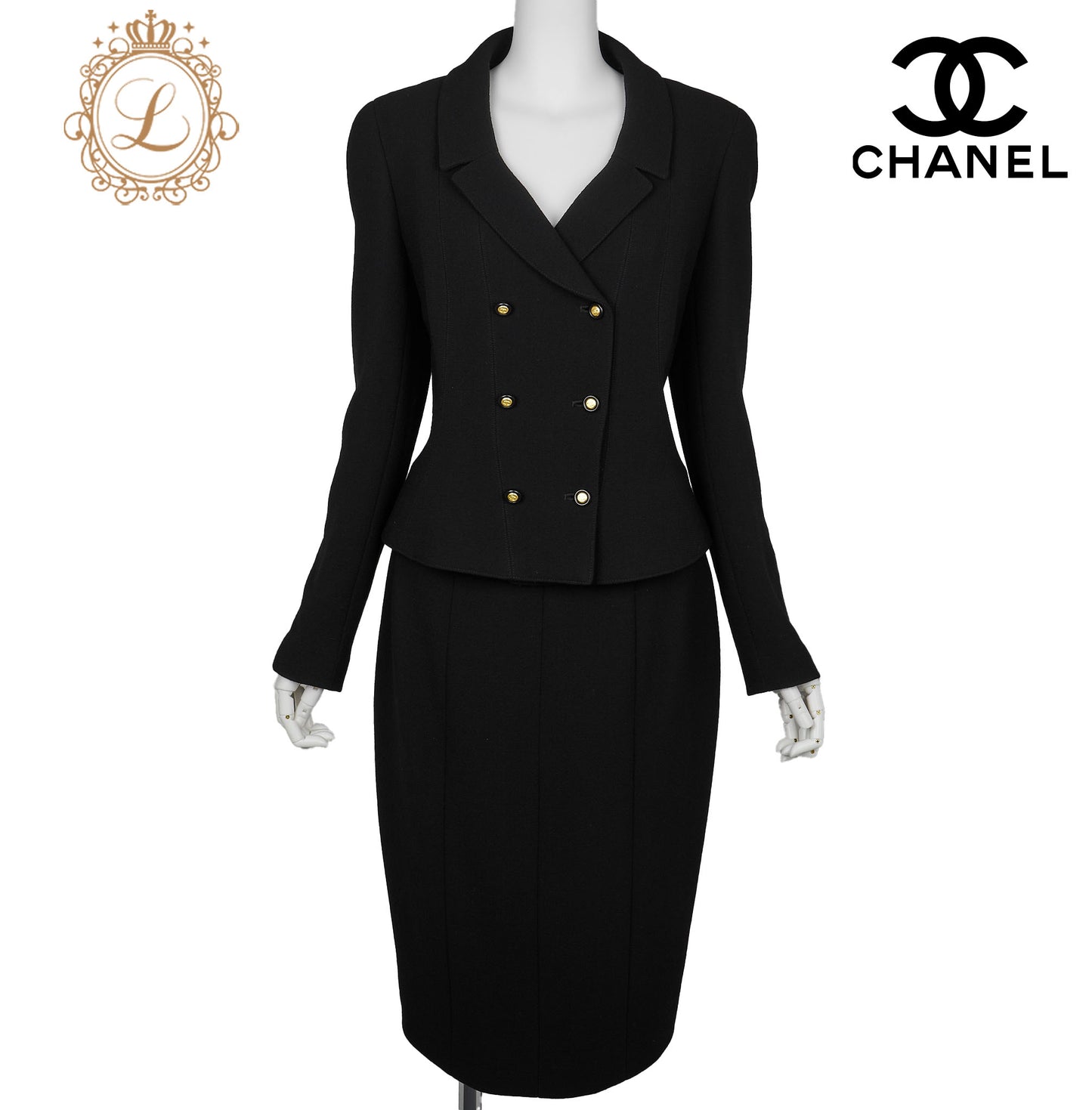CHANEL Jacket Skirt Set, Coco Button, Wool, Black, Pre-Owned - Vintage La Charme