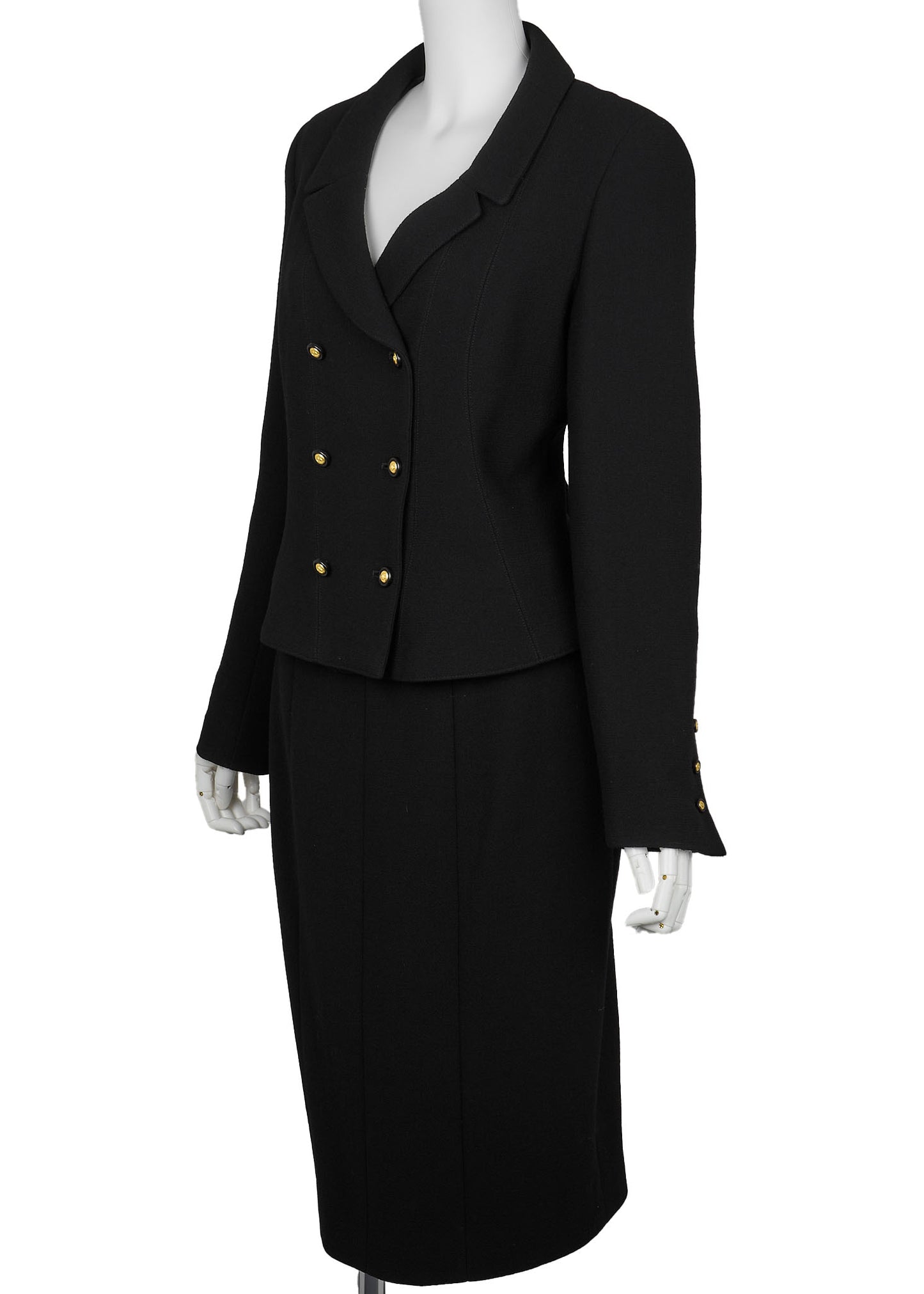 CHANEL Jacket Skirt Set, Coco Button, Wool, Black, Pre-Owned - Vintage La Charme