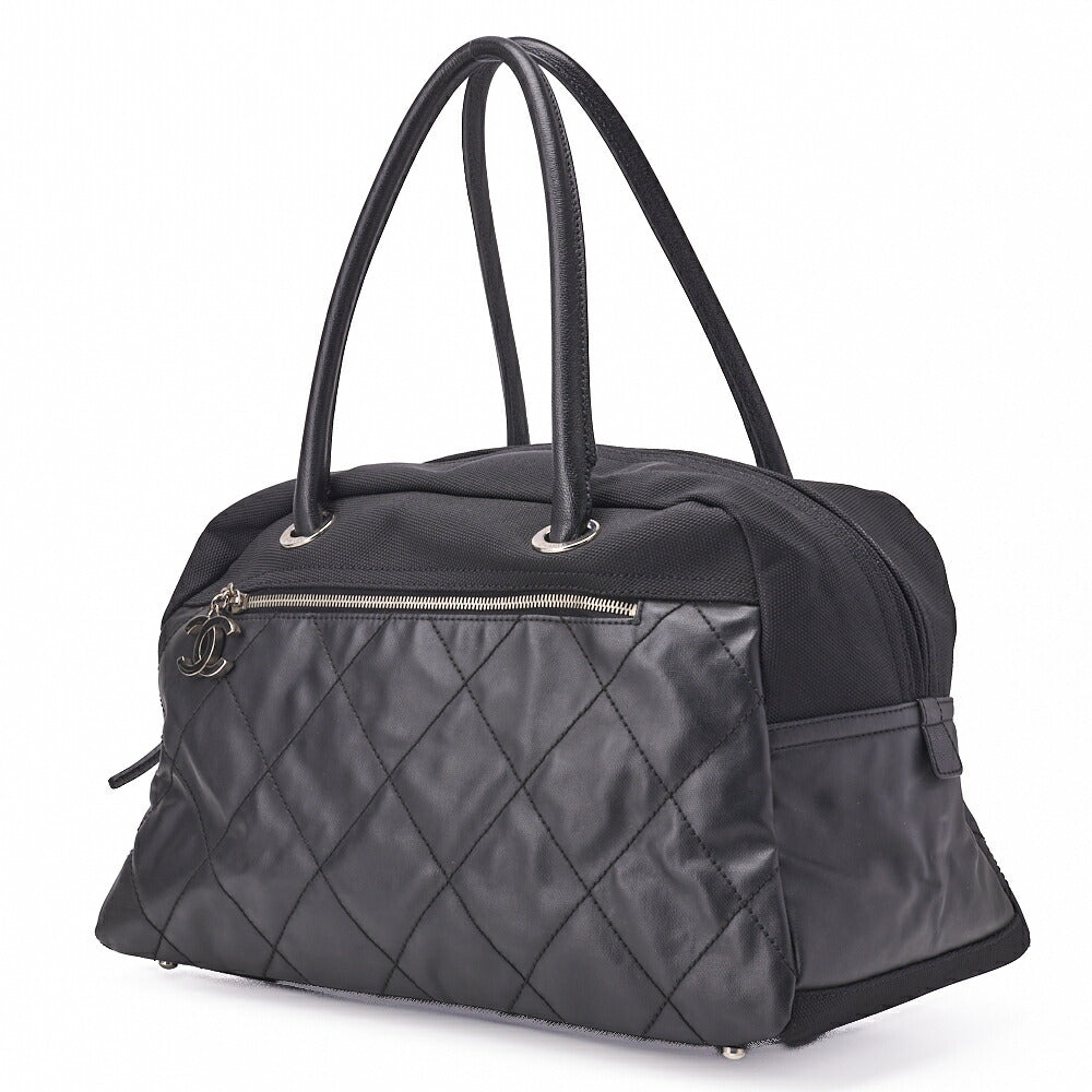 CHANEL Handbag Boston Bag Coated Canvas Coco Charm Black Silver-Tone Hardware Pre-Owned - Vintage La Charme