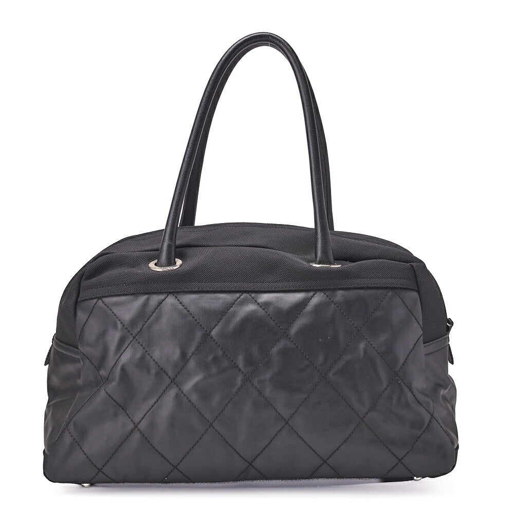 CHANEL Handbag Boston Bag Coated Canvas Coco Charm Black Silver-Tone Hardware Pre-Owned - Vintage La Charme