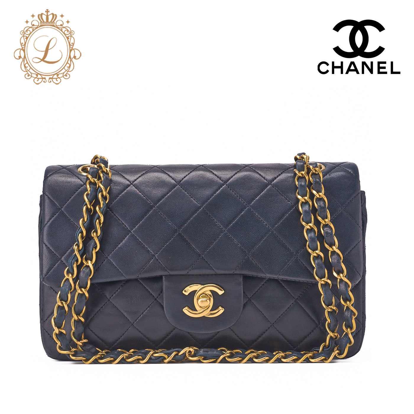 CHANEL Chain Shoulder Bag Matelasse Double Flap Lambskin Dark Navy Gold-Tone Hardware Pre-Owned - Vintage La Charme
