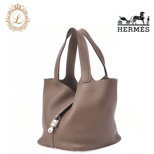 HERMES Picotin Rock MM Handbag, Tryon Clemence, Etoupe, Silver-Tone Hardware, Pre-Owned - Vintage La Charme