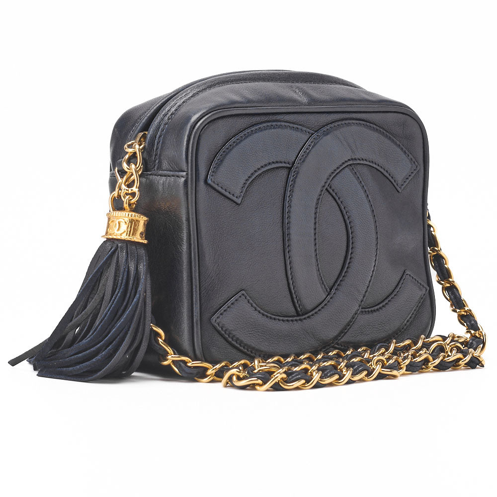CHANEL Shoulder Bag, Coco Mark Fringe Chain Shoulder, Lambskin, Black, Gold-Tone Hardware, Pre-Owned - Vintage La Charme